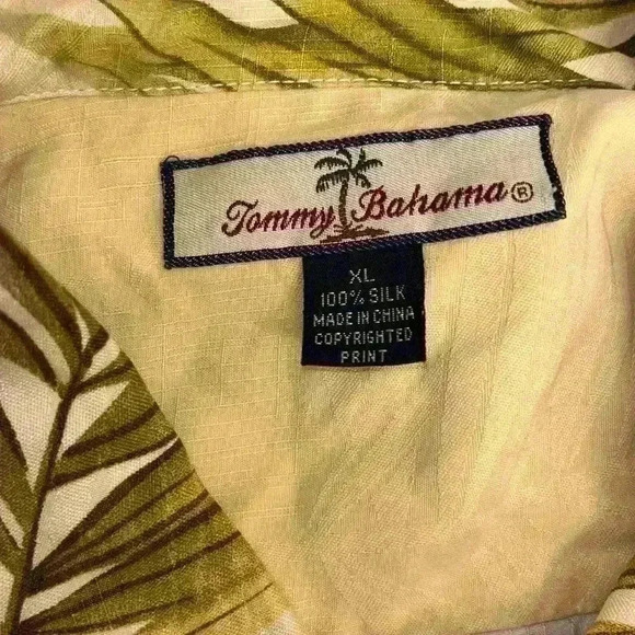 Tommy bahama SILK 100% HAWAIIAN SHIRT SZ XL  TAN GREEN PALM TREE LEAVES - Picture 5 of 5